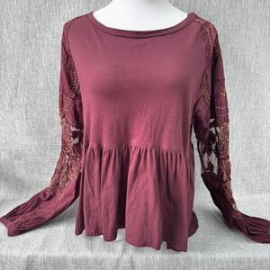 Free People Top Womens S Burgundy Penny Embroidered Sleeve Boxy Peplum Bohemian